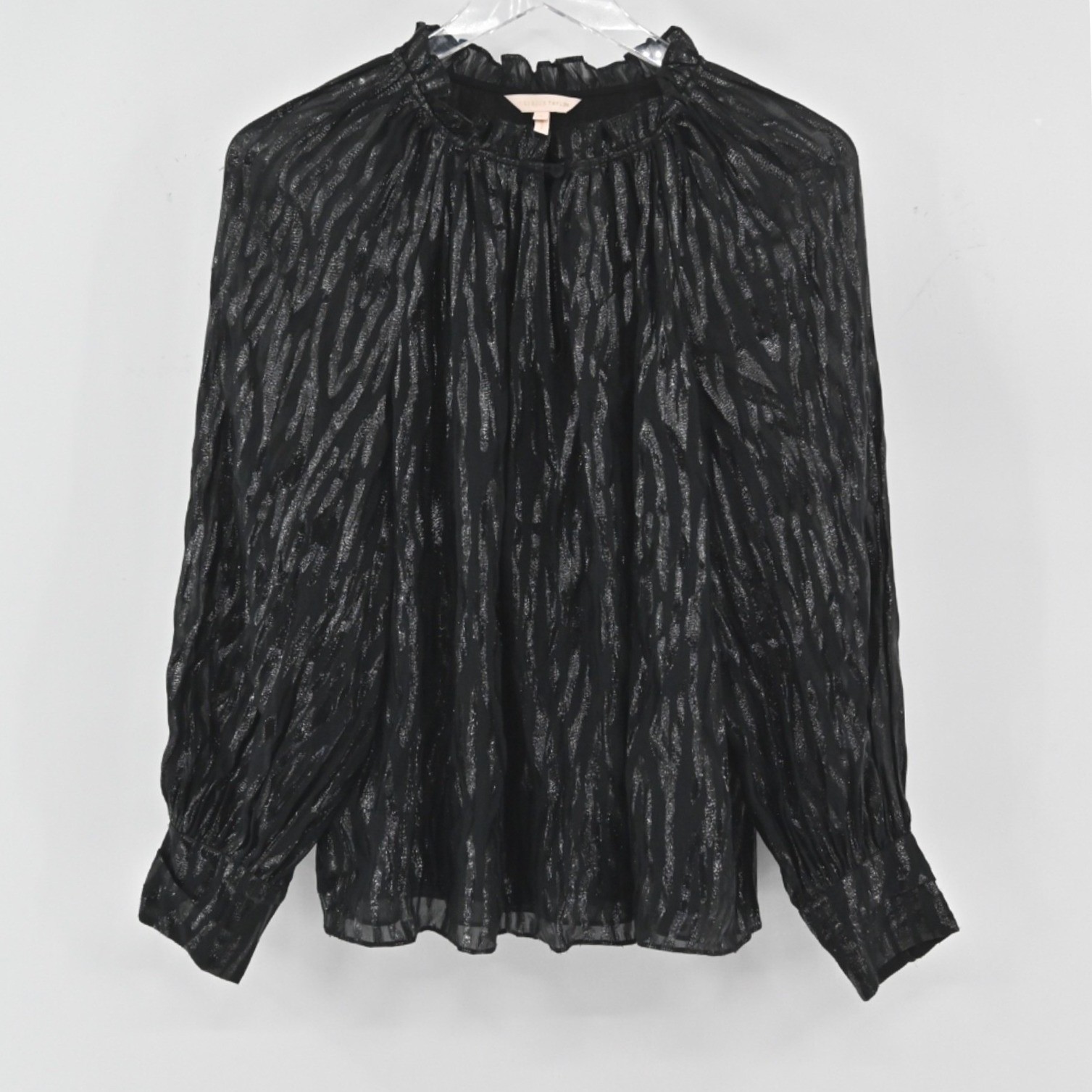 Rebecca Taylor Silk Metallic Top Womens Size 4 Black Safari Ruffle Vamp Glam