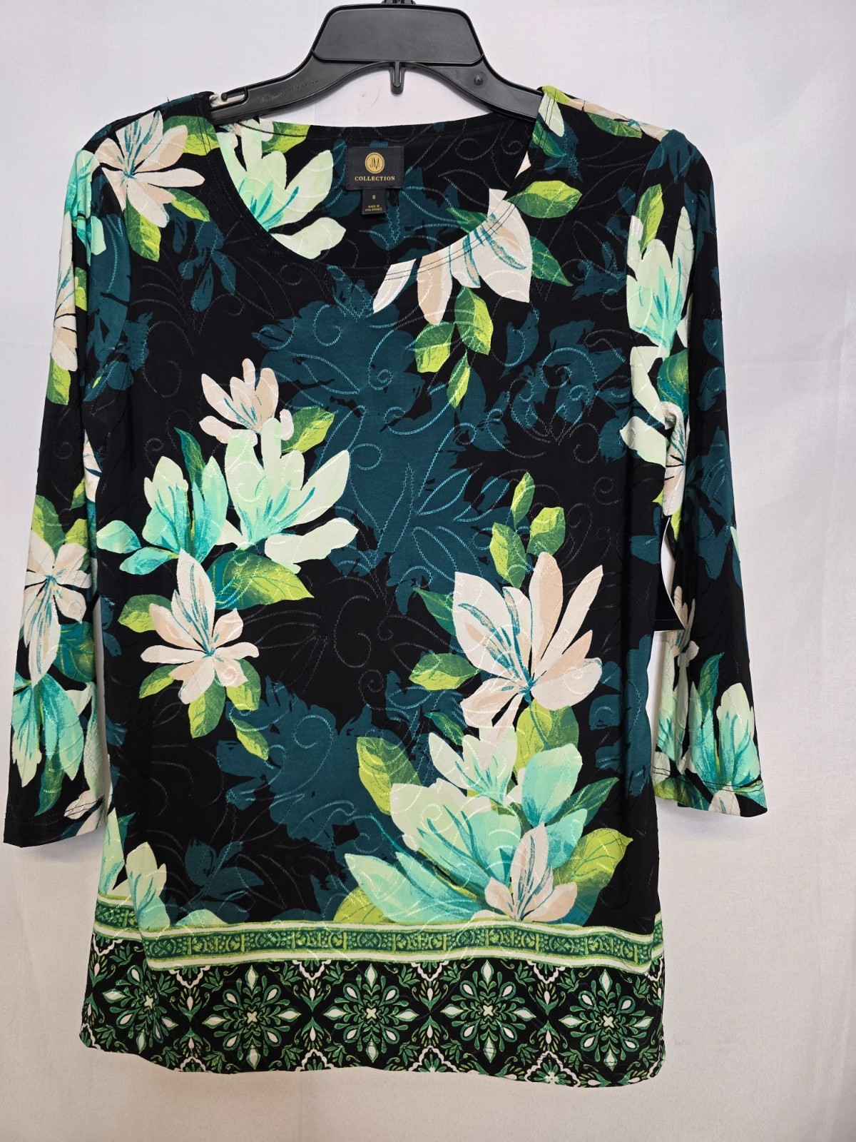 NWT JM Collection Womens Deep Black Floral Jacquard Knit 3/4 Sleeve Blouse Top S