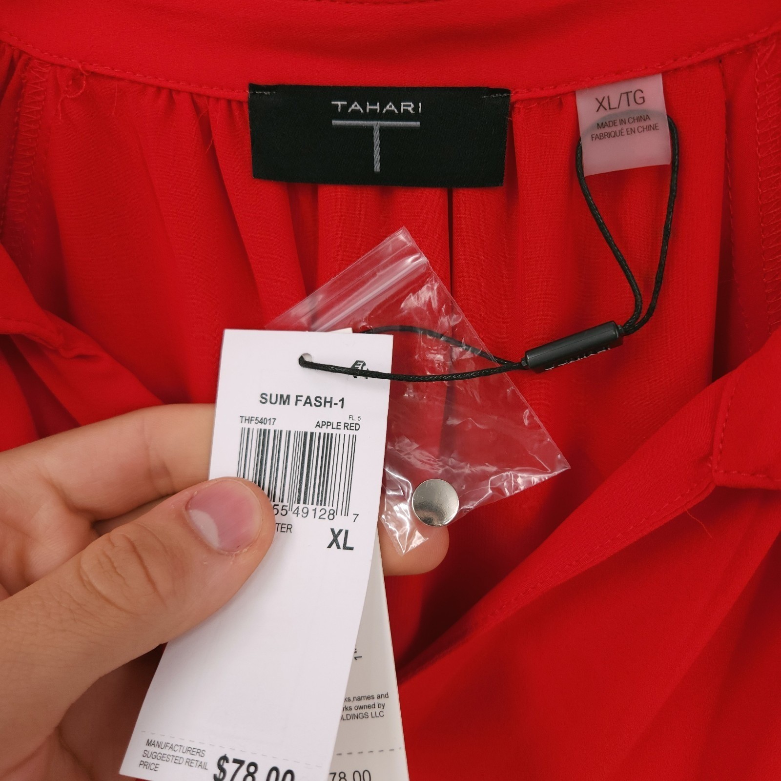 T Tahari Georgette Split Neck Red Button Up Puff Sleeve Blouse Womens Size XL