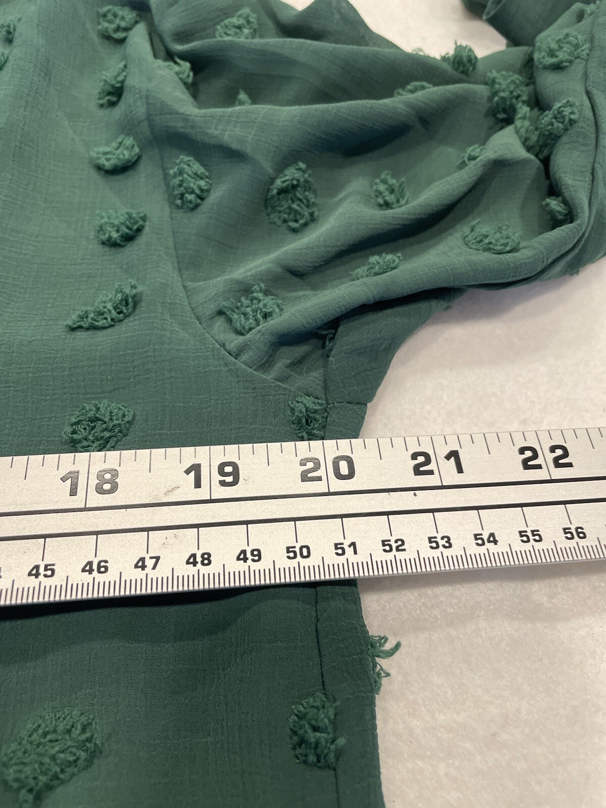 Women’s Button Up Blouse Top Large Green Swiss Dot Pom Pom Ruffled Sleeveless