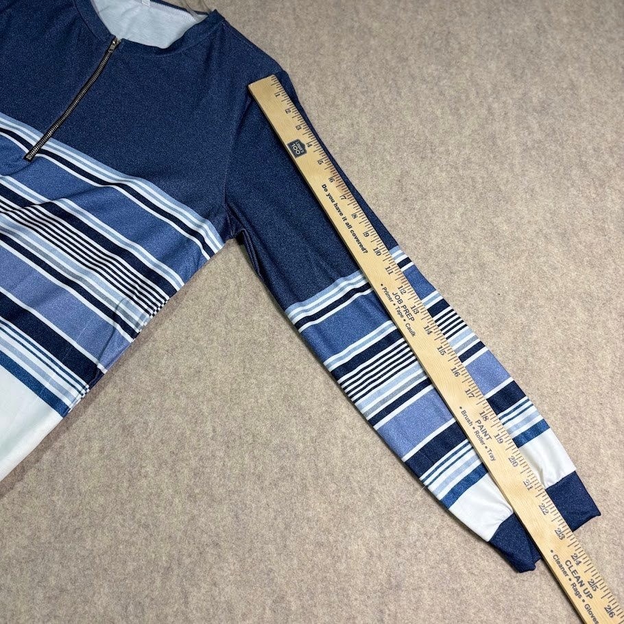 Striped Long Sleeve Quarter Zip Pullover Women M Blue White Polyester Casual Top