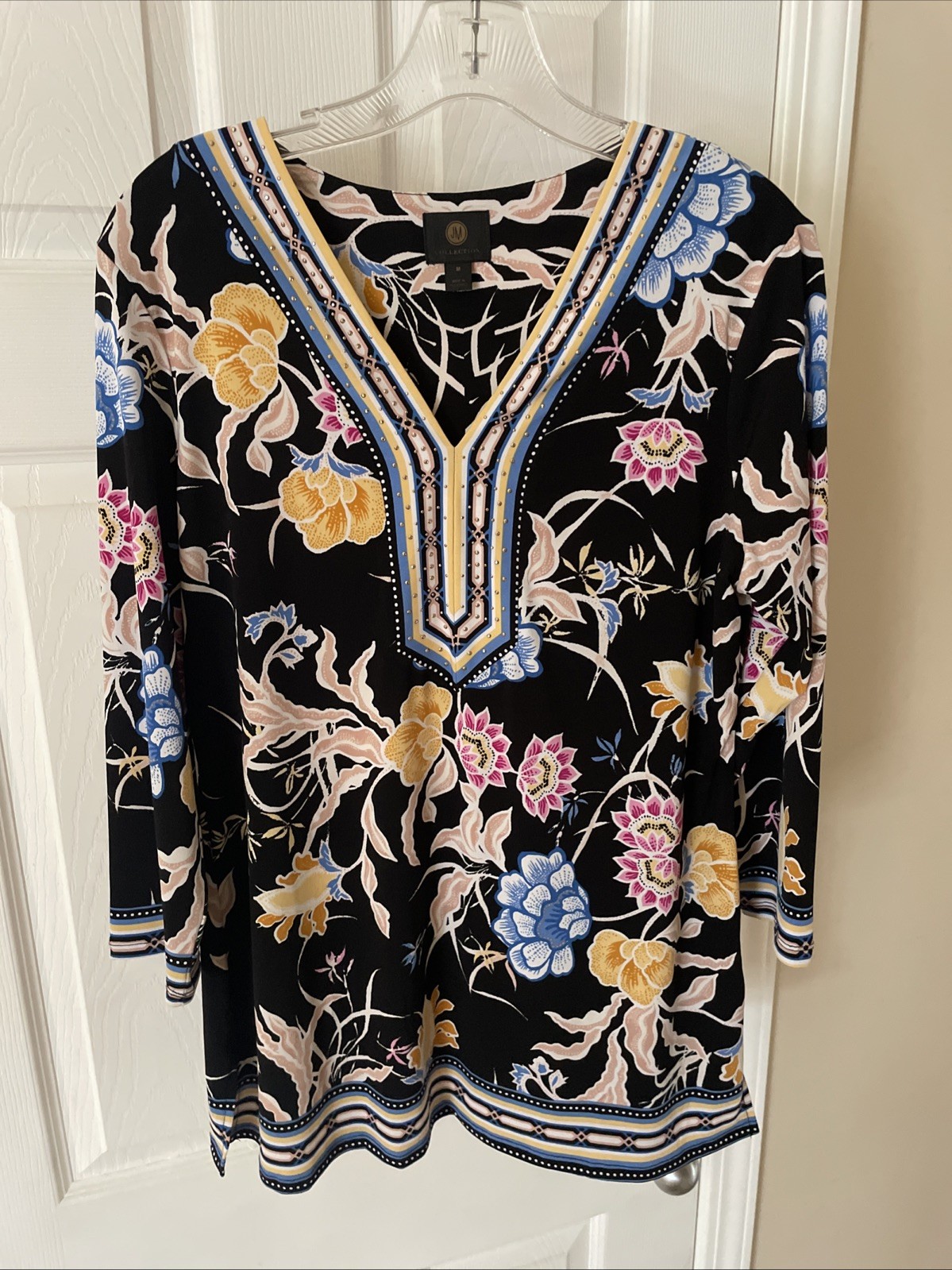 JM Collection Gorgeous Black Blue Pull Over Blouse Top Sz M 3/4 Sleeve