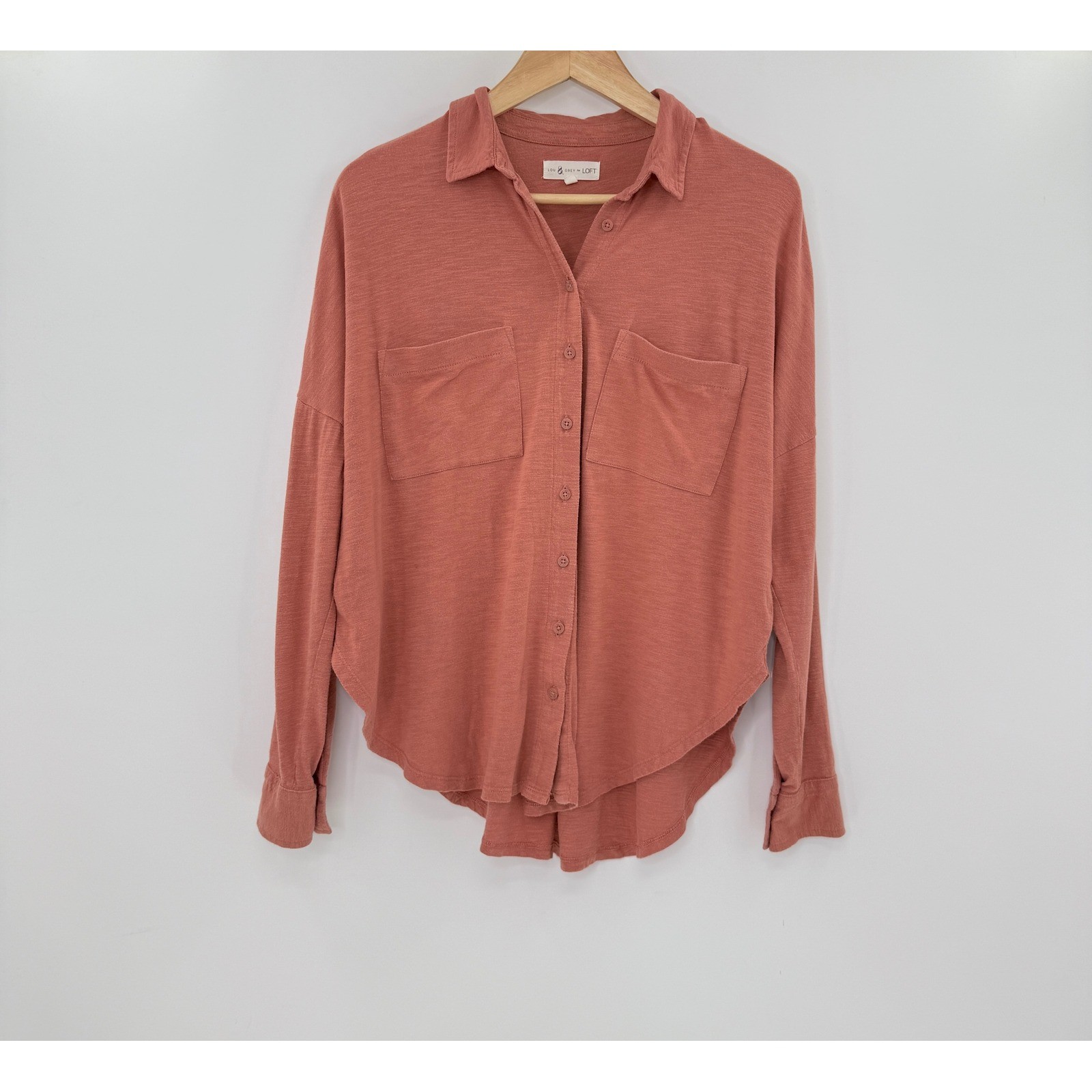 Lou & Grey For LOFT Button Down Shirt Top Long Sleeve Pockets Organic Cotton