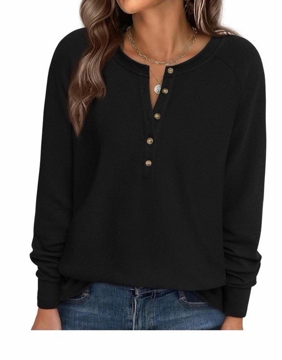 PrettyGarden Womens L Regular Black Solid Round Neck Long Sleeve Henley Knit