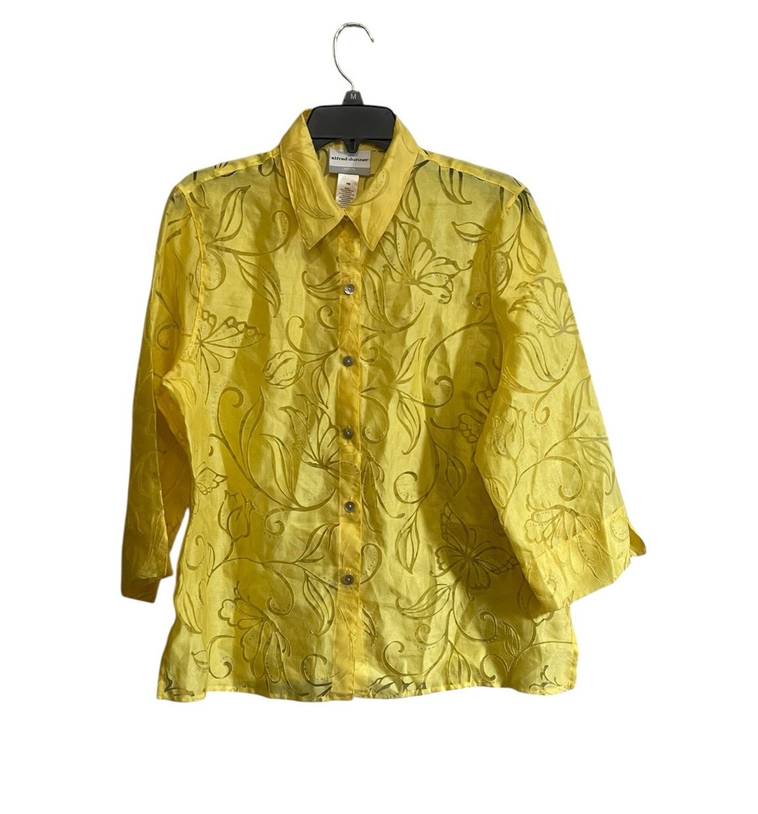 Alfred Dunner MP Yellow Sheer Floral Butterfly Cutout Button Shirt Easter