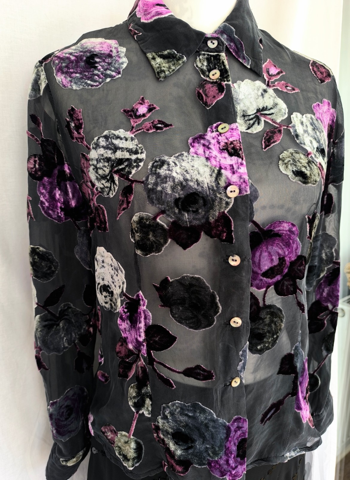 Minuet Chic Velvet Floral Embossed Silk Blend Black Purple Sheer Blouse UK 10
