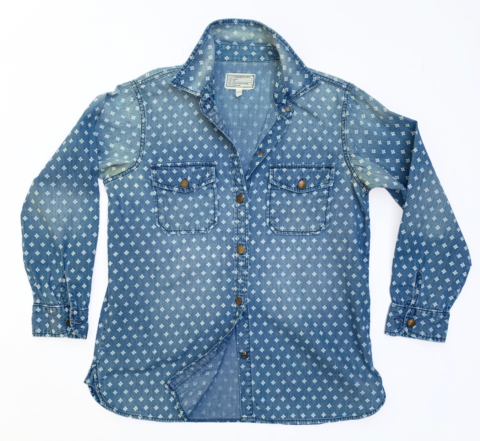 ∞ CURRENT ELLIOTT Faded Denim Diamond Print Western Shirt W Size 2/M ∞