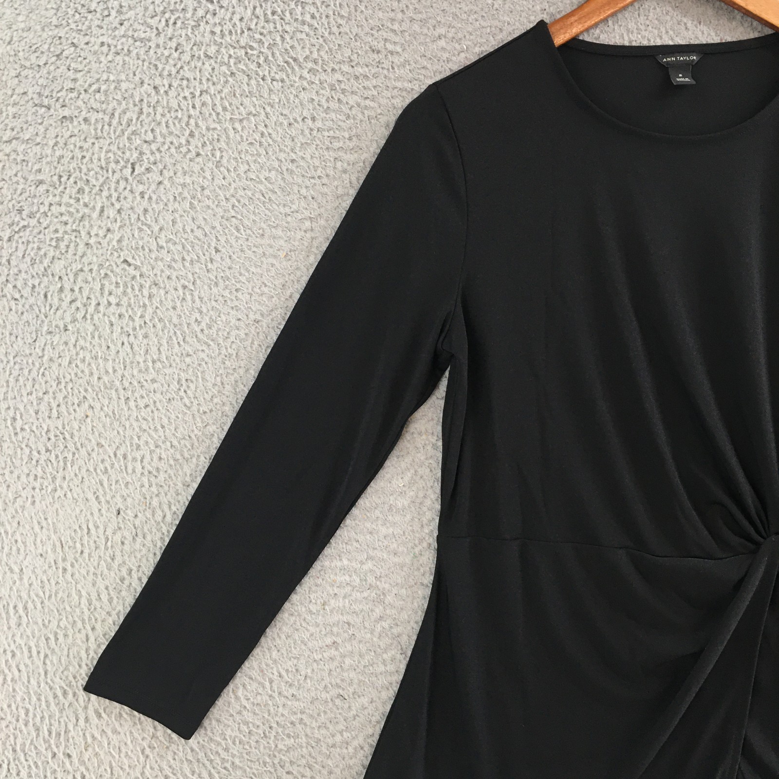Ann Taylor Top Women M Twist Front Long Sleeve Stretch Blouse Knot Detail Black