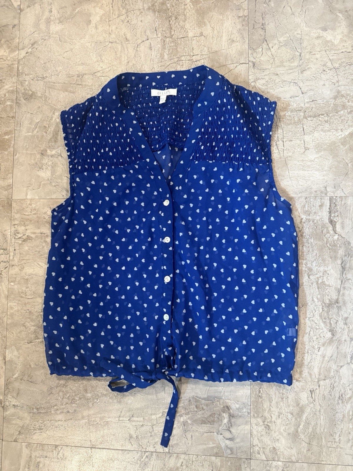 Delia*s Chiffon Blue Heart Cropped Sheer Sleevless Tie Blouse Size M