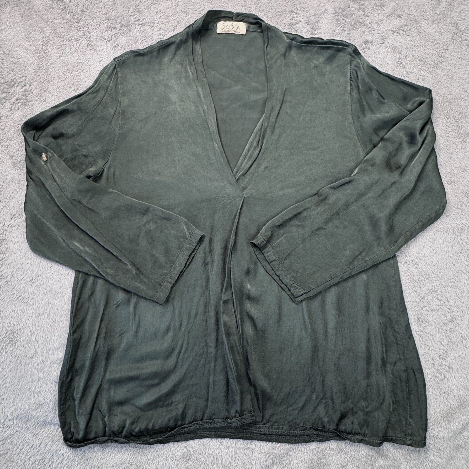 Sofia Blouse Women’s Size XL Green 100% Viscosa Made In Italy Roll Tab Sleeve