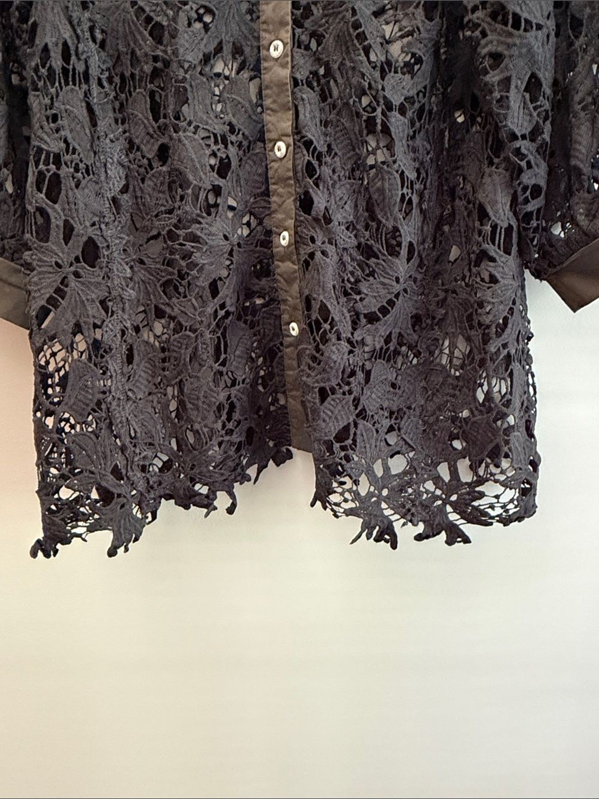 POL Boho Chic Black Crochet Floral Lace Frayed Button-Up Size Large Rustic