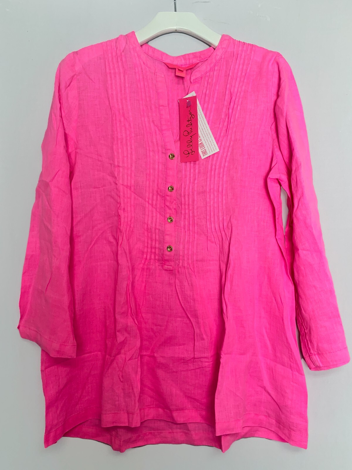 Lilly Pulitzer Top Womens Medium Pink Linen Sarasota Tunic Shirt 3/4 Sleeve
