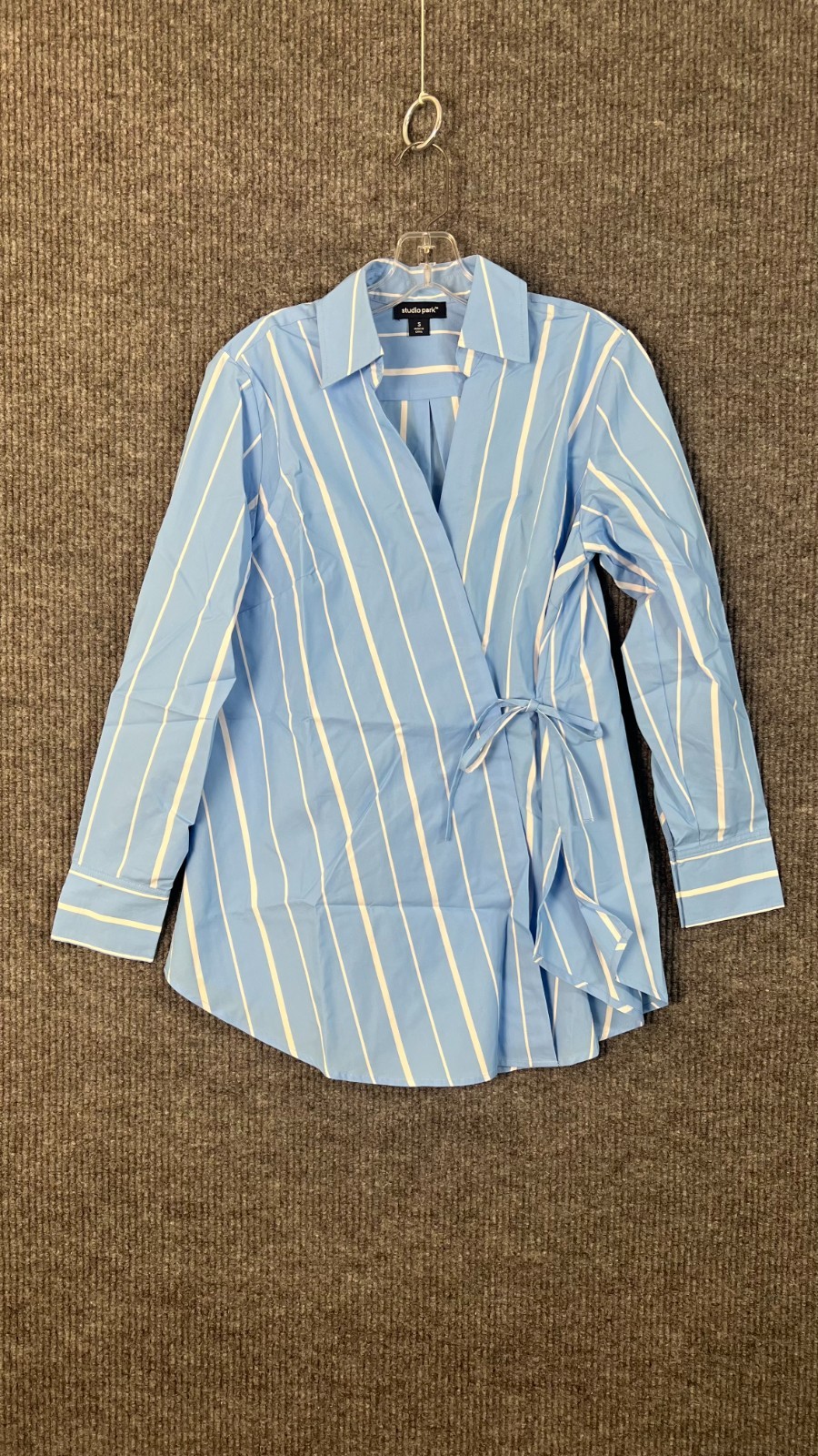 Studio Park Wrap Shirt Womens Small Blue Striped Collared Corporate Chic Office