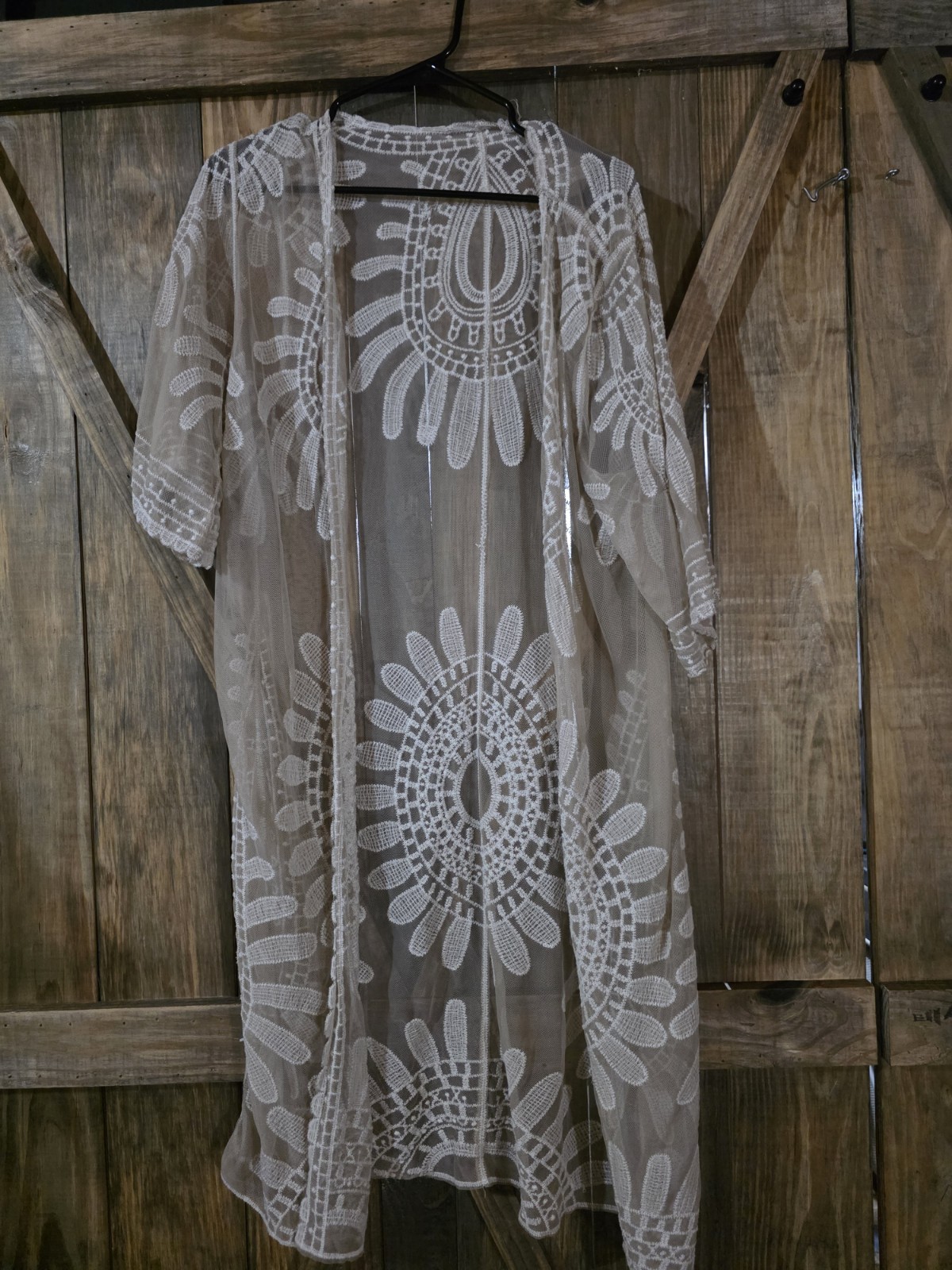Women’s Sheer Chiffon Floral Open-Front Kimono, 3/4 Sleeve, beige/white