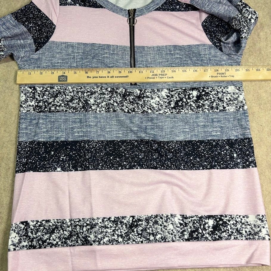 Striped Long Sleeve Quarter Zip Pullover Womens M Pink Grey Polyester Casual Top
