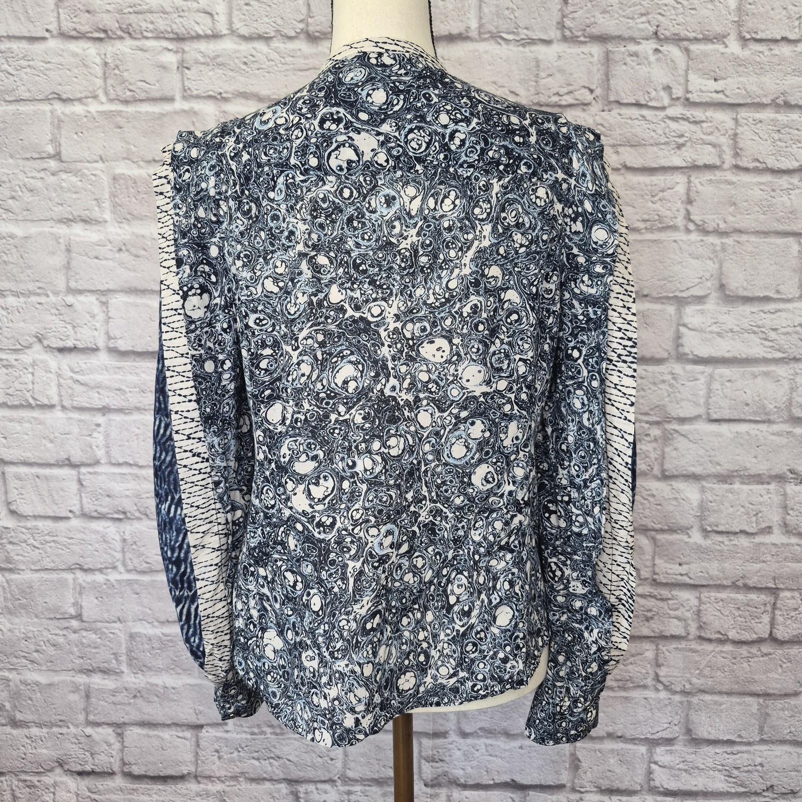 Ulla Johnson Nara Top Patchwork Indigo Blue Cream Print Button Front Size 6