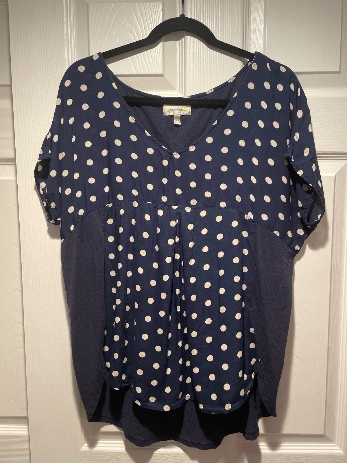Porridge Navy Blue Polka Dot High Low Gathered Blouse Women’s Large L