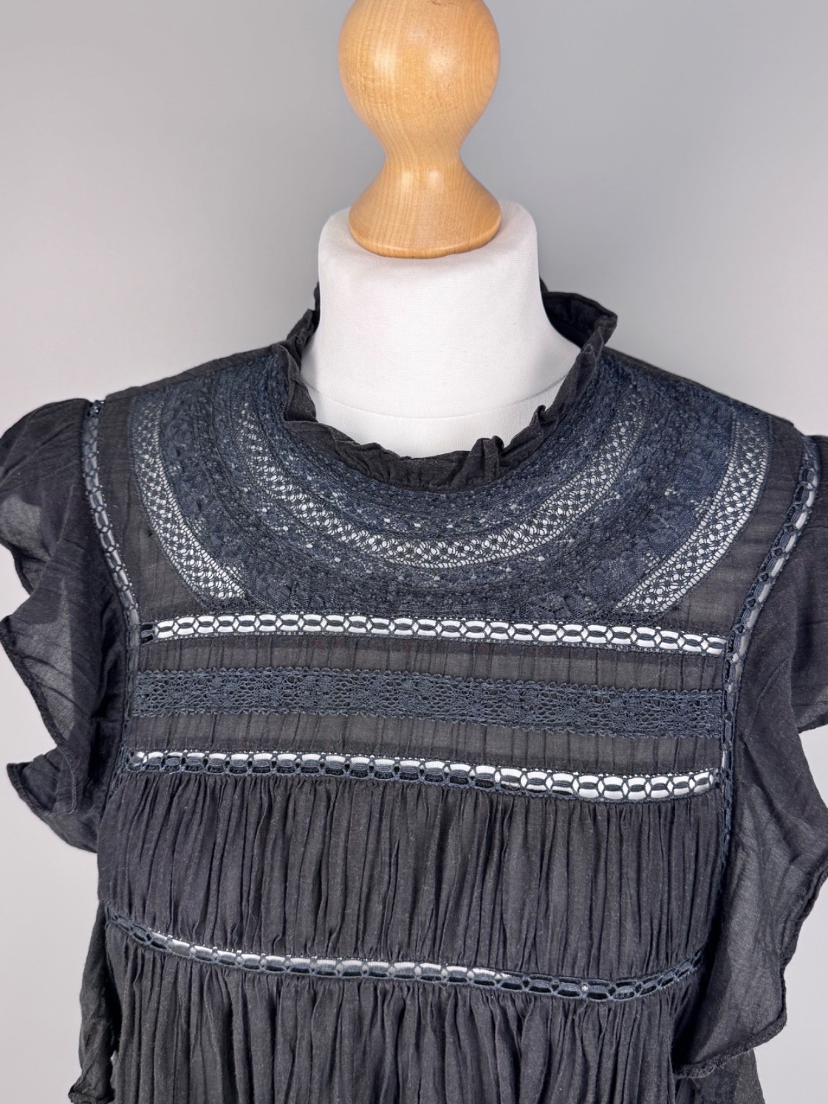 Isabel Marant Etoile Vivia Top Black Mock Neck Lace Trim Ruffle Embroid Womens S
