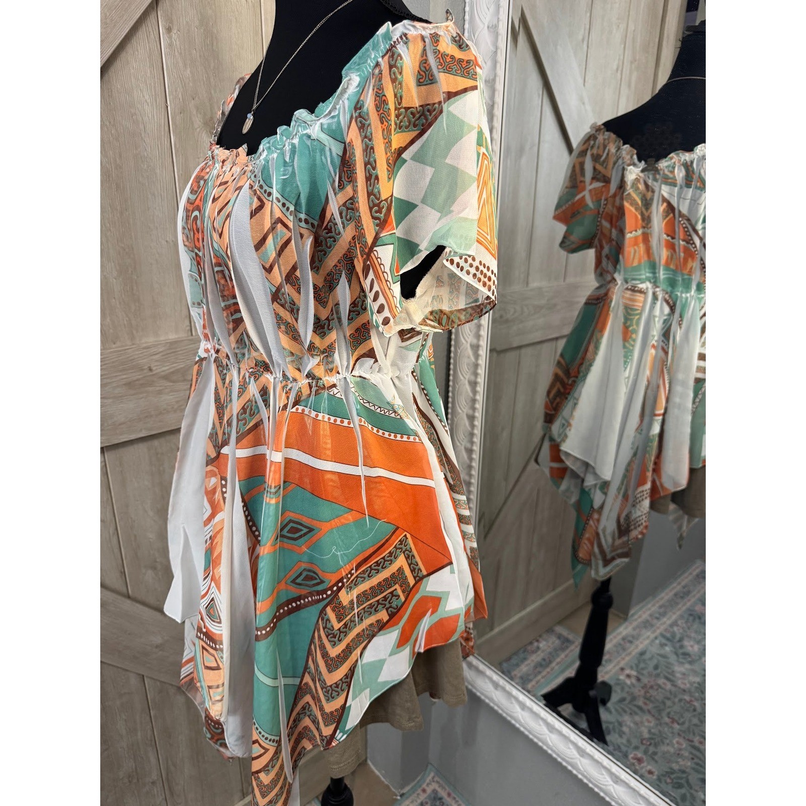 Unique Spectrum Geometric Handkerchief Hem Tunic Top Orange Teal XL