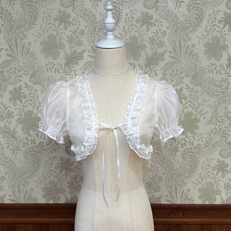 Lady Chiffon Cardigan Cropped Top Sheer Bolero Blouse Lace Up Shawl Lolita White
