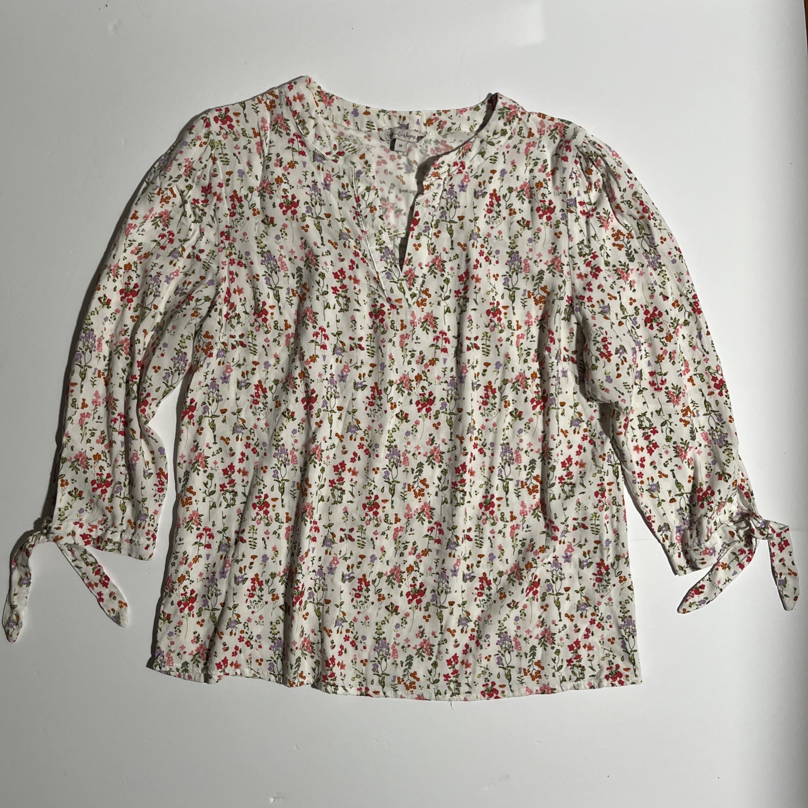 Rose & Rhyme Womens M Floral Blouse 3/4 Tie Sleeve V Neck Cottagecore Boho