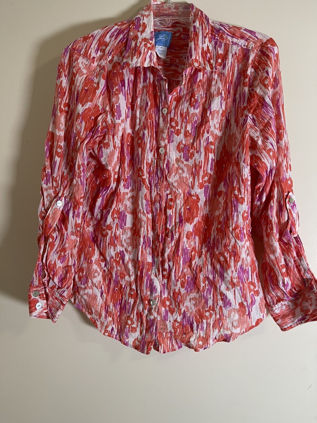 Laru Lane Women’s Button Up Orange & Purple Blouse W/Metallic Accent SZ 10