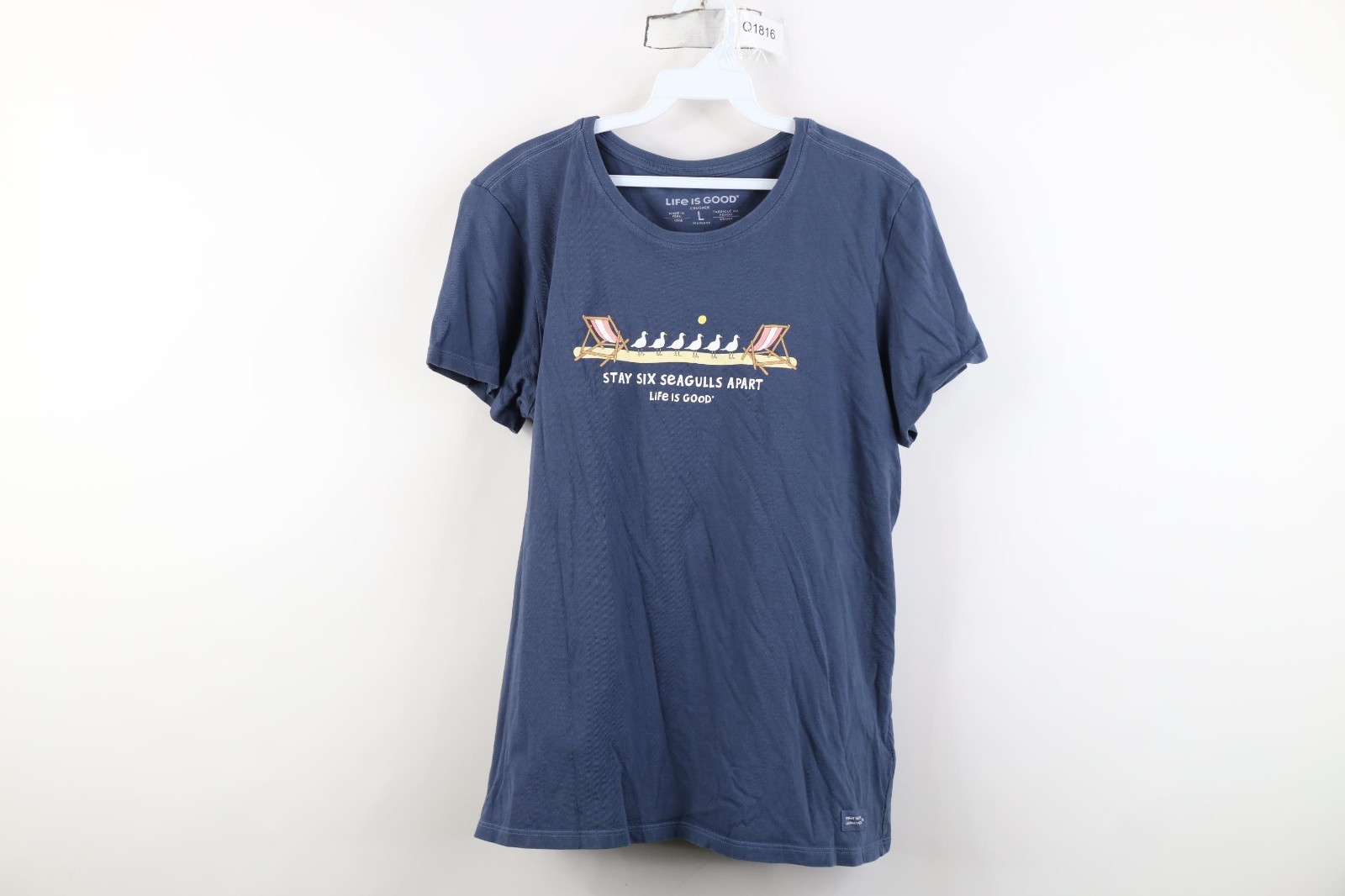 Life Is Good Womens Large Stay Six Seagulls Apart Beach Short Sleeve T-Shirt