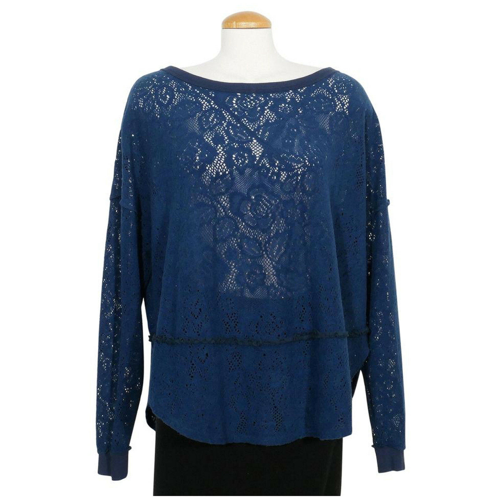 FREE PEOPLE Jewel Blue Not Cold In This Floral Brushed Lace Knit High Low Top S