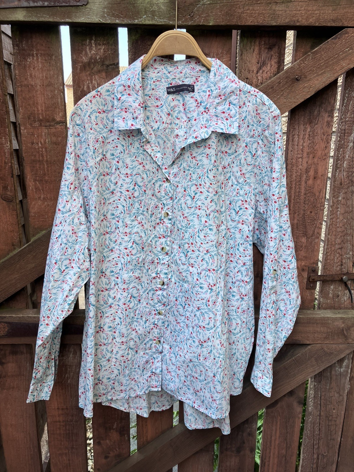 M&S Collection Floral Cotton Blouse UK22 White/Pink/Red Roll Tab Sleeve Pleats