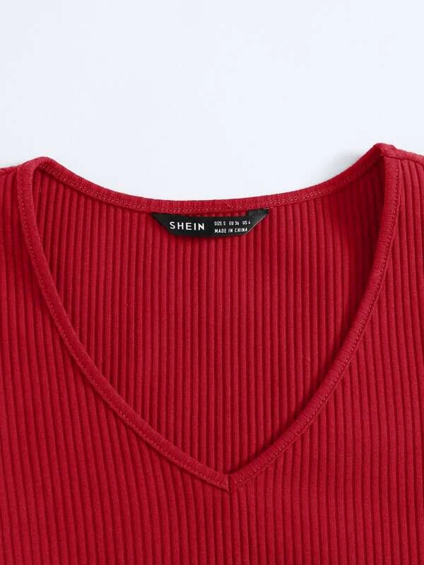 SHEIN V-Neck Rib-knit Top Red Size Medium New in Bag