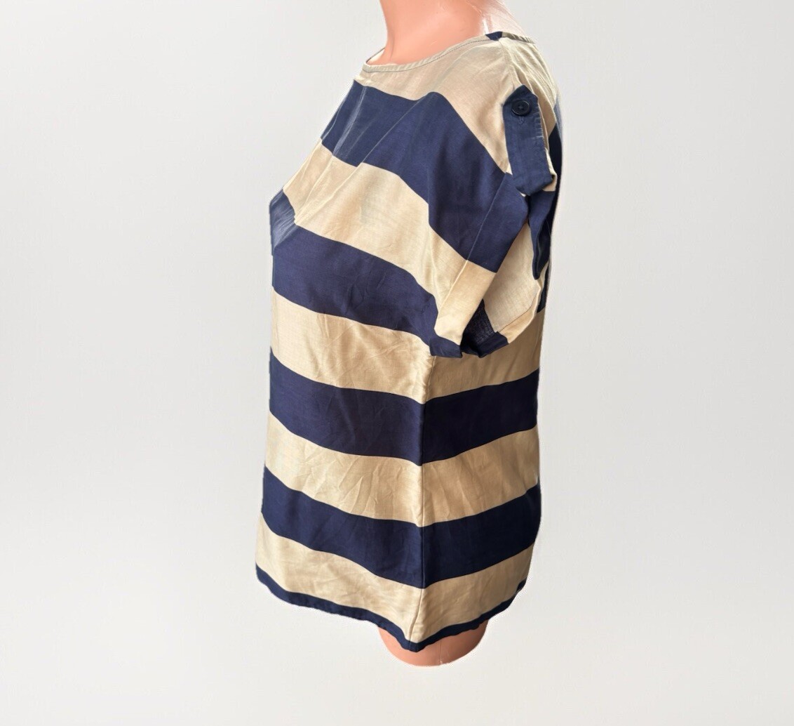 Talbots Tencel Striped Top Size 2 Navy Tan Nautical Preppy Shirt