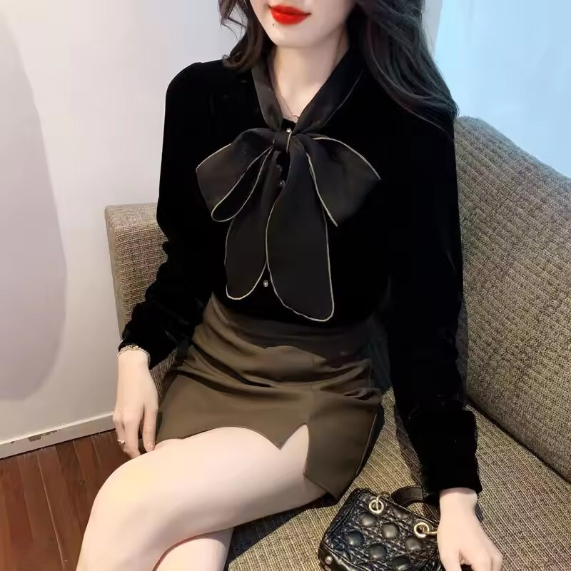 Women Vintage All-match V-Neck Blouse Elegant Bow Clothing Shirt top