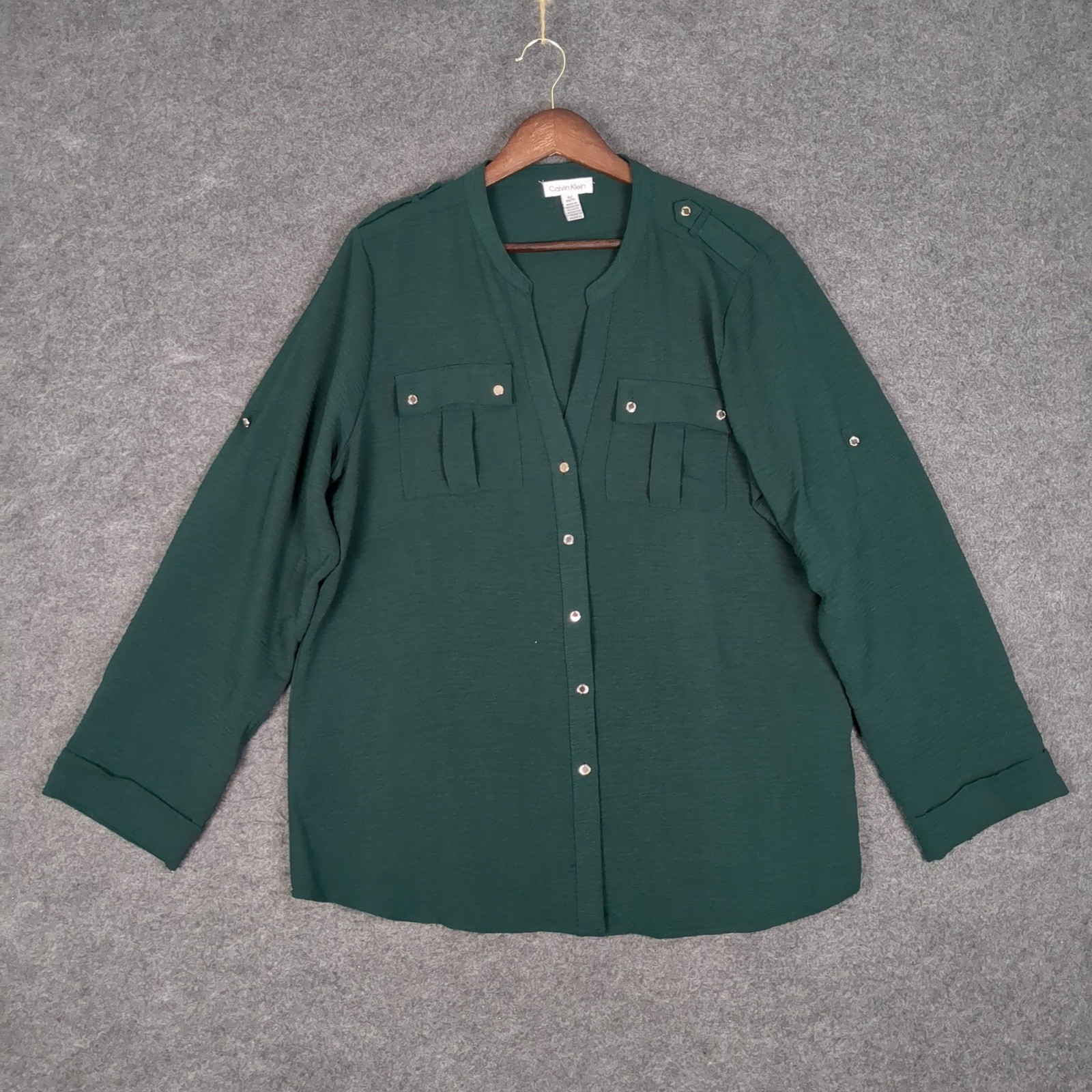 Calvin Klein Womens XL Dark Green Roll Tab Sleeve Utility Button Up Blouse Shirt