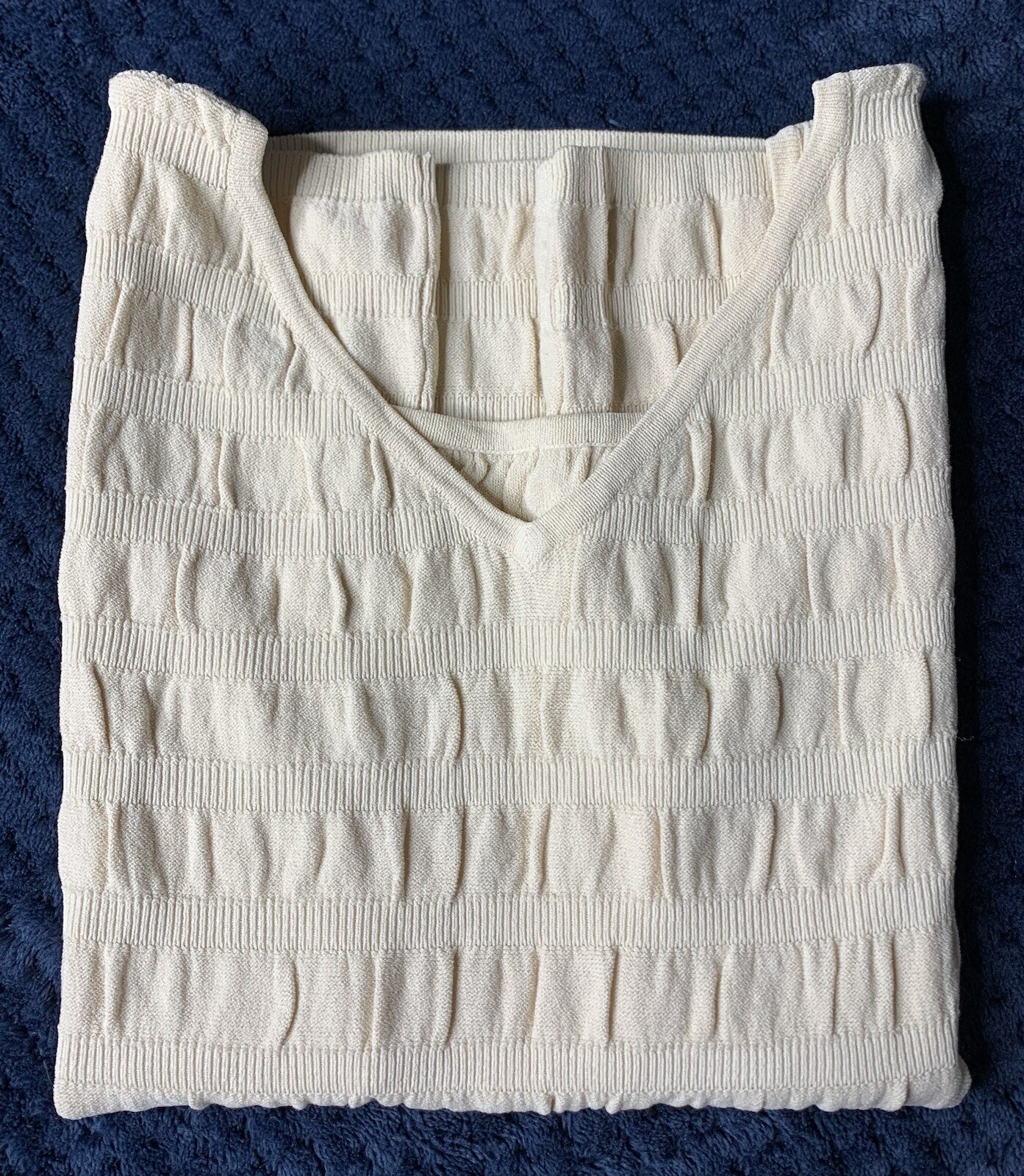 Women’s Beige Ivory Tank Top Camisole Stretch Smocked Pleated V Neck