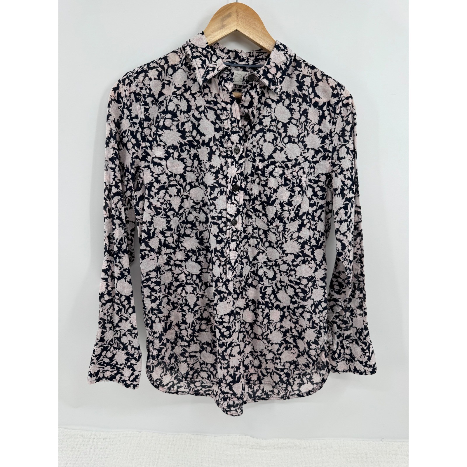 J.Crew Button Down Cotton Shirt Women Medium Navy Blue Pink White Long Sleeve
