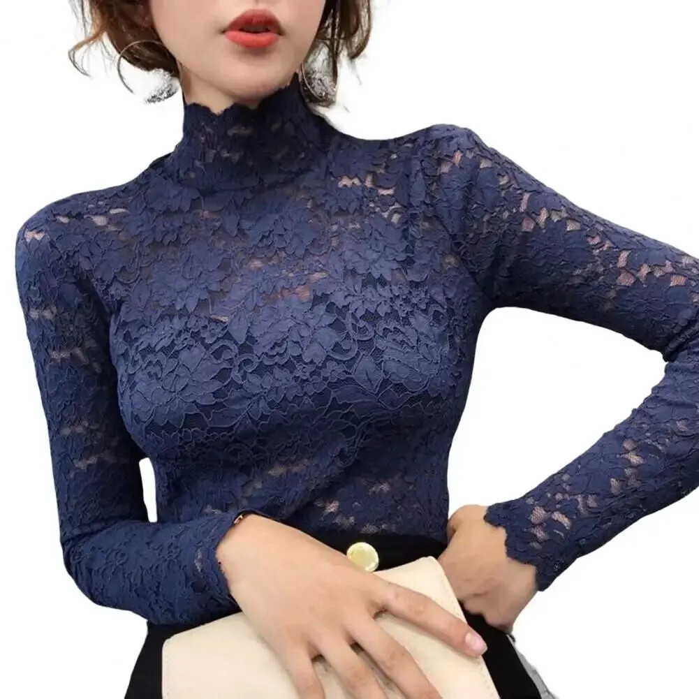 Women Turtleneck Blouse Floral Lace Long Sleeve Tops Hollow Sheer Shirt Pullover