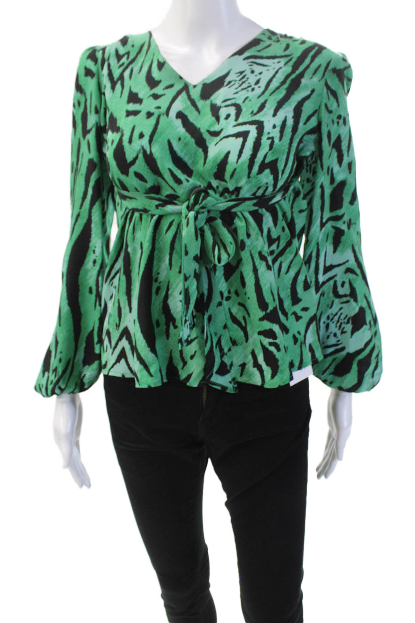 Rixo Womens Silk Long Sleeve Tie Collar Animal Print Blouse Green Size XS