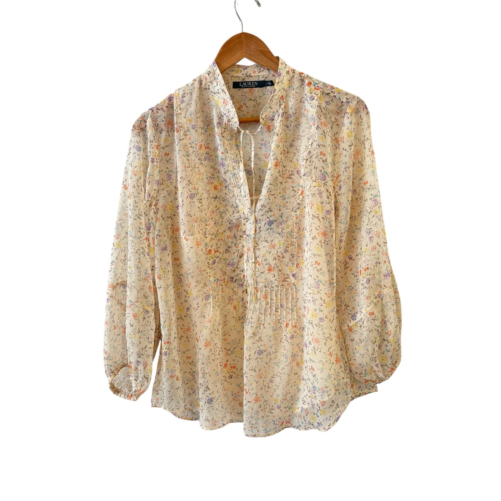 Lauren Ralph Lauren Top Womens L Cream Floral Pintuck Tie Neck Georgette Cottage