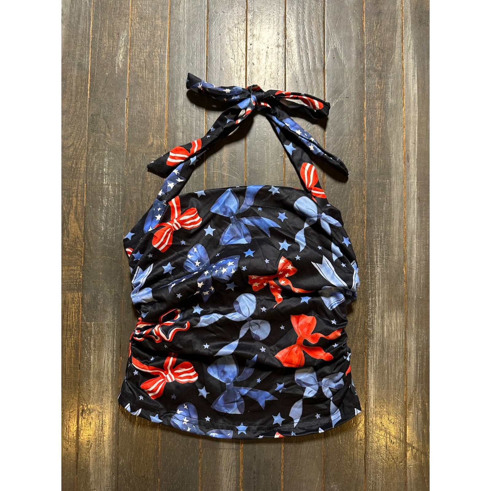 SHEIN Patriotic Bow Star Print Halter Tankini Top Black Red Blue Ruched
