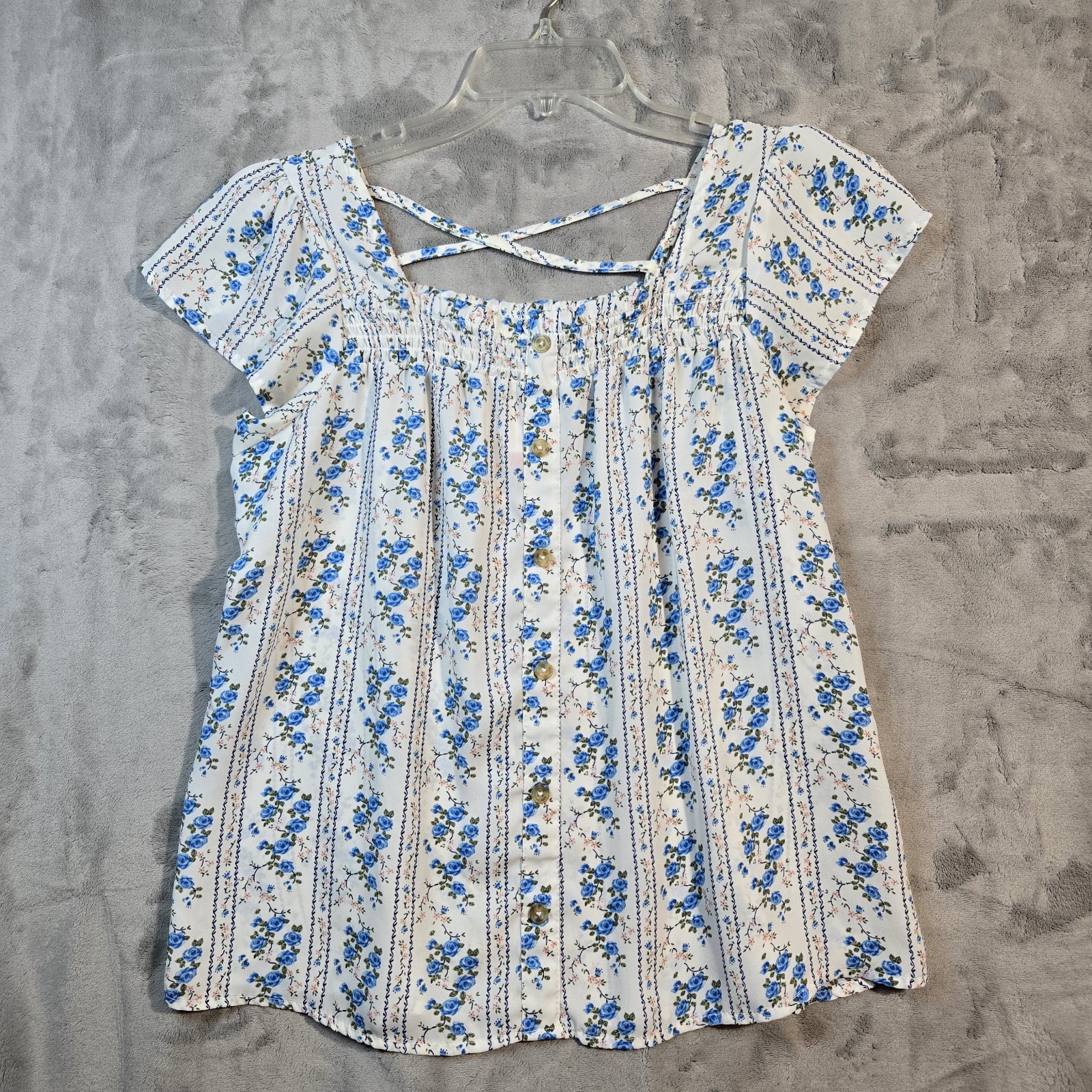 NoBo Womens Floral Cottagecore Babydoll Top Size L Boho Smocked Square Neck Blue