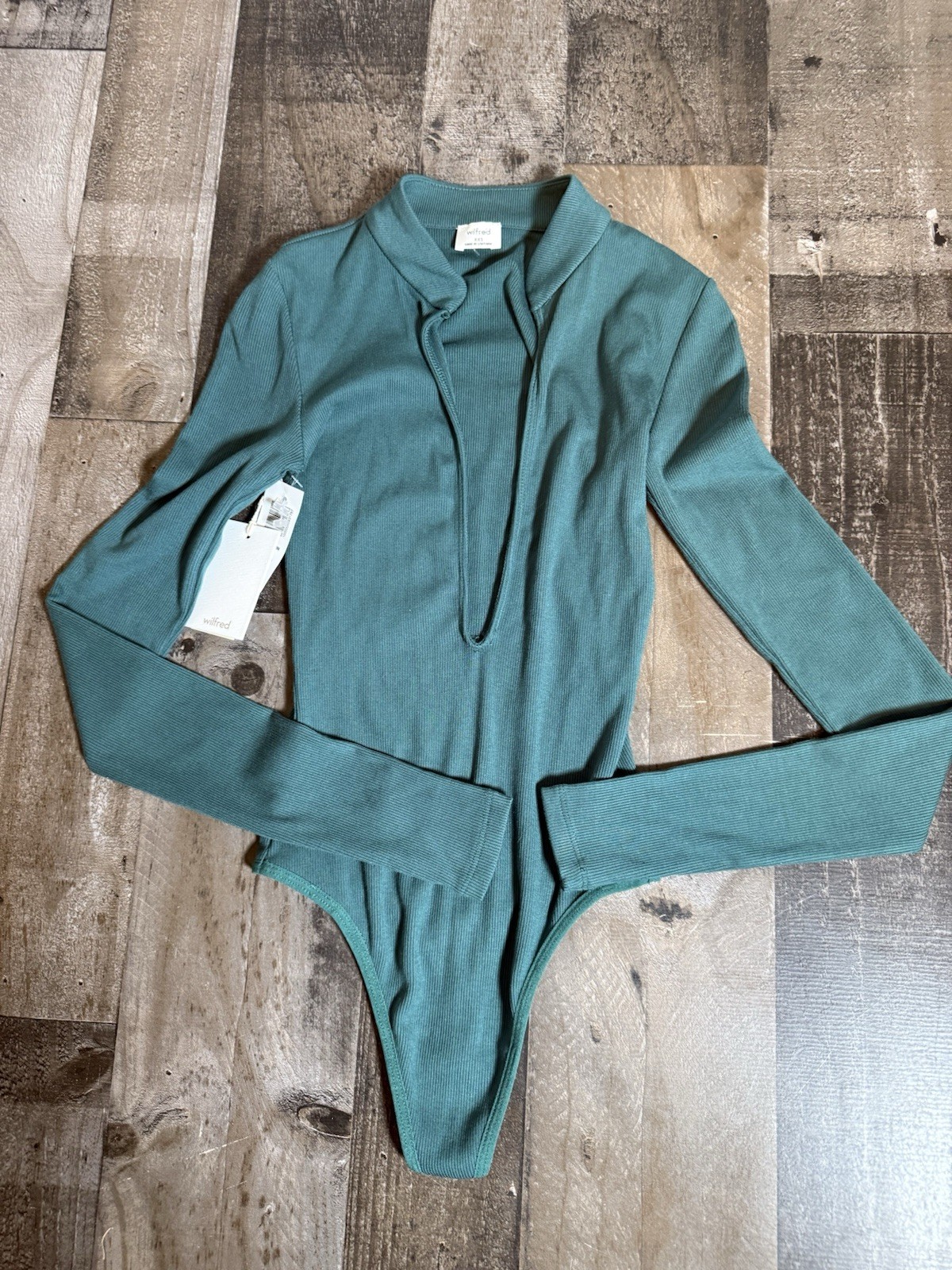 Wilfred Harlequin Ribbed Bodysuit Marine Aqua Aritzia Minimalist Clean Girl XXS