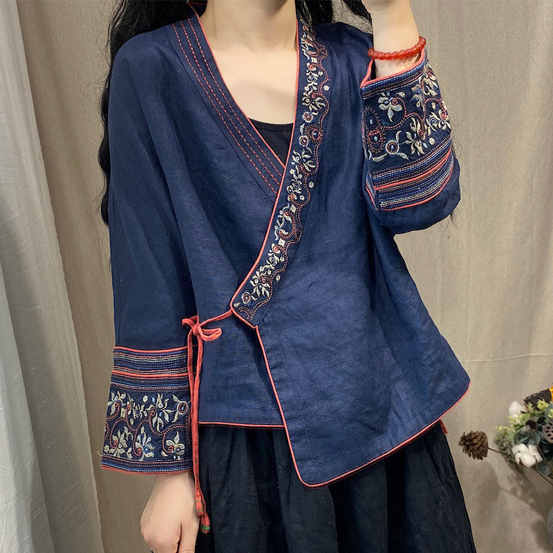 Women Chinese Style Embroidery Cardigan Shirts Casual Linen Lace Up Vintage