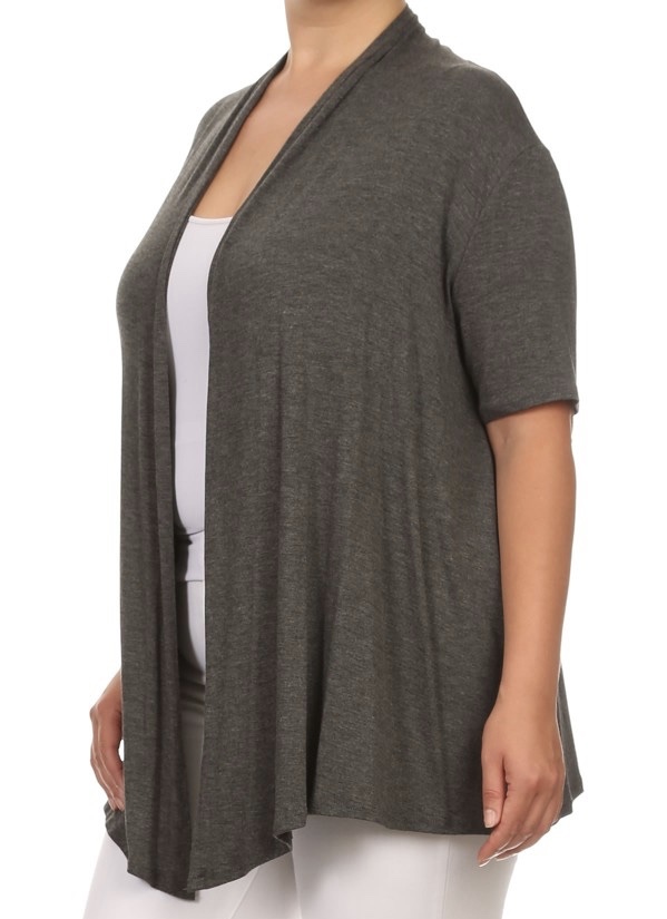 Moa USA Cascading Open Front Draped Stretch SS Cardigan Grey Plus 1XL 2XL 3XL