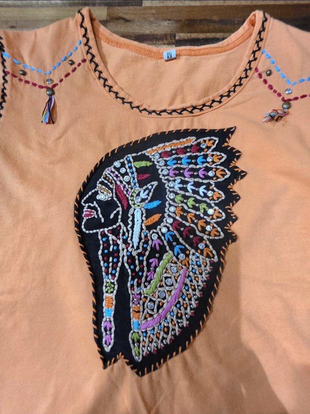 Indian Embroidered Orange Women’s Size M Tee T-Shirt Western Cowgirl Native
