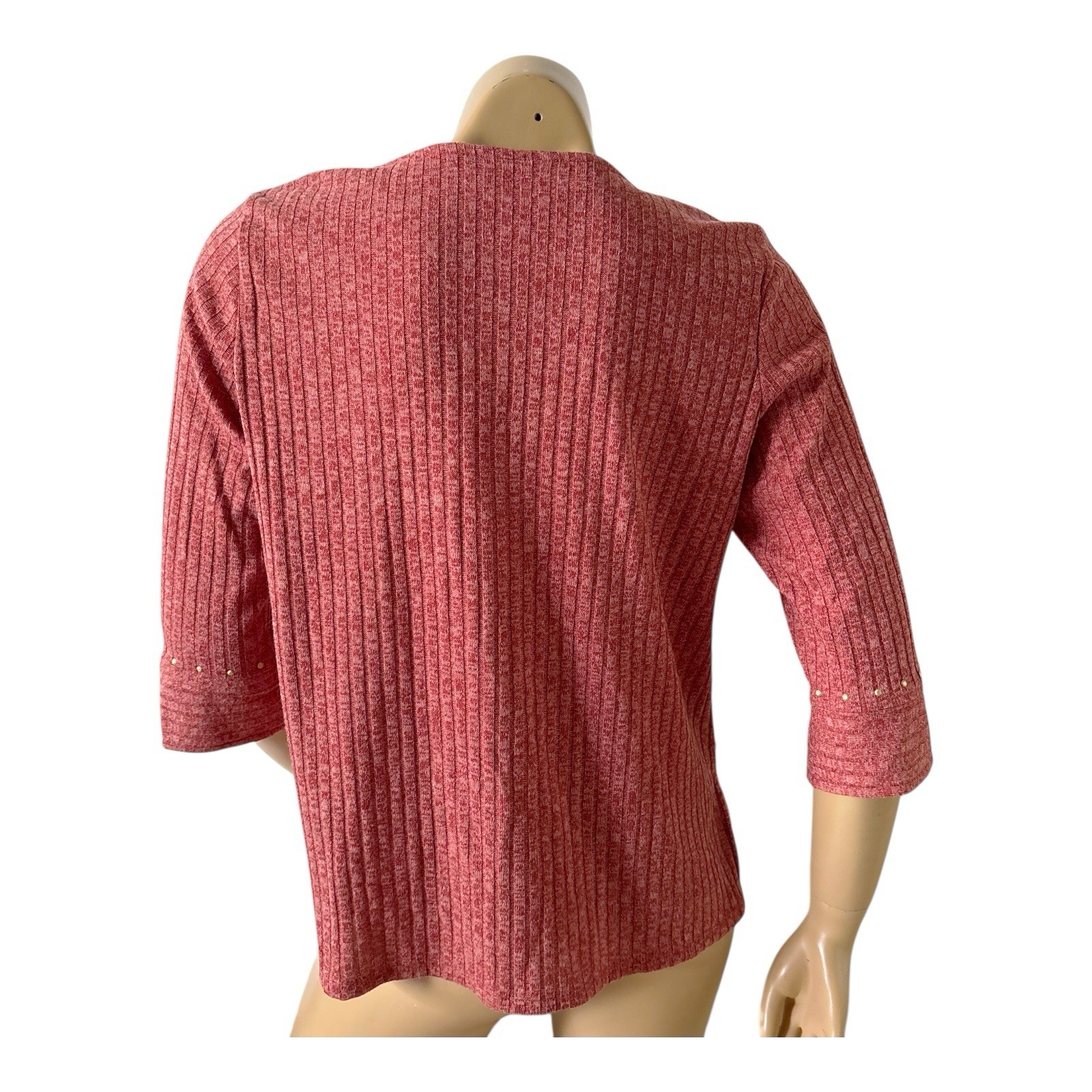Alfred Dunner Top Womens Petite PM Brick Red Ribbed Studded 3/4 Sleeve Stretch