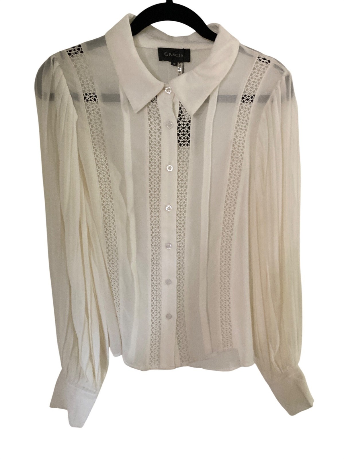 Gracia Woman’s White Collared Blouse Fluted Pleated Sleeves NWT