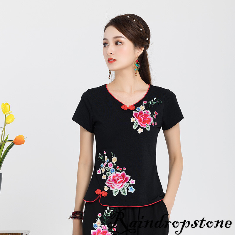 Chinese Style Womens Casual Long Sleeve T-shirts Tops Embriodery Shirts Blouse