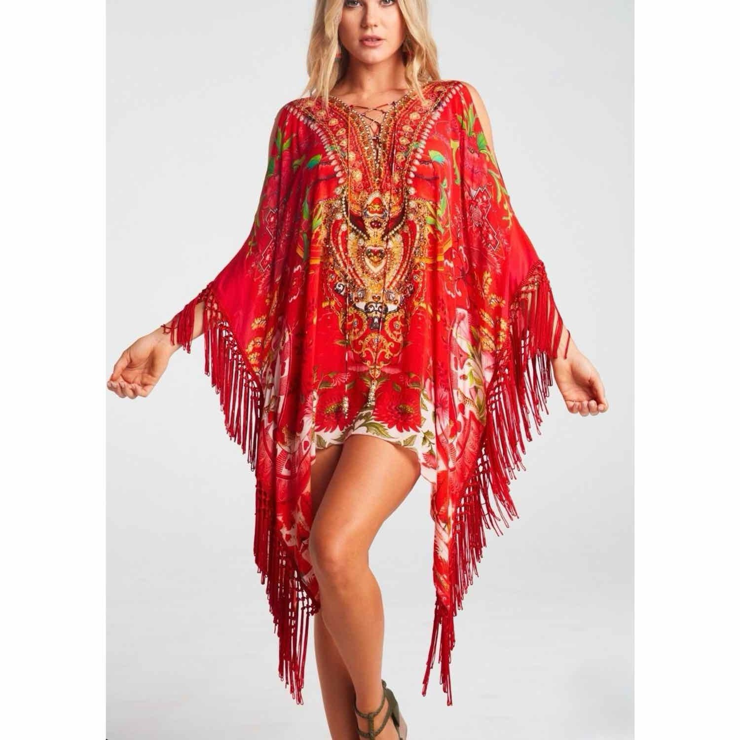 Czarina “More Than Ever” Silk Short Kaftan Top Embellishments & Fringe Trim O/S