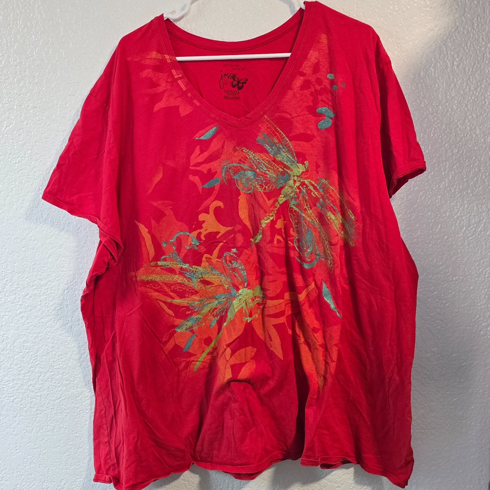 Just My Size Women’s 5X Red Dragonfly Graphic Tee 100% Cotton Short Sleeve