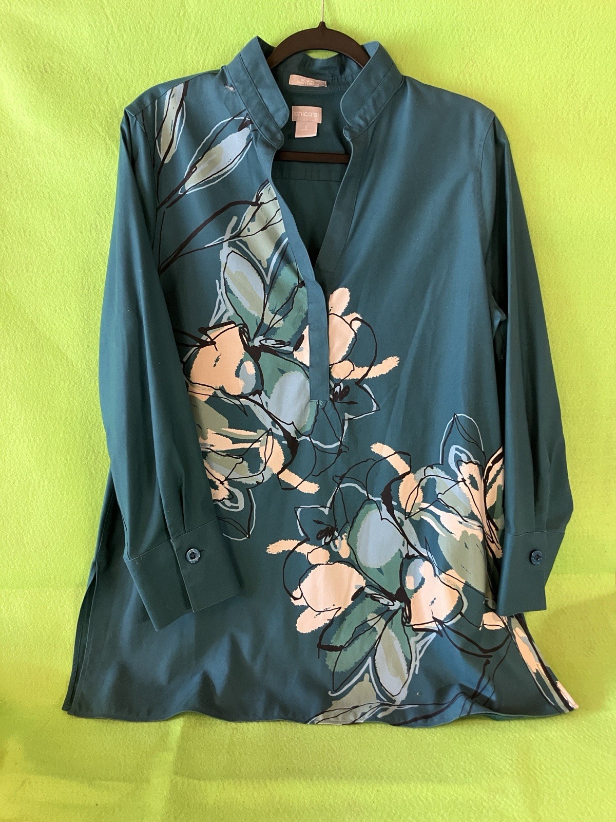 Chicos Sz2 Blouse Tunic Top, Teal Peach Ivory Blk. No Iron, Easy Care, Stretch